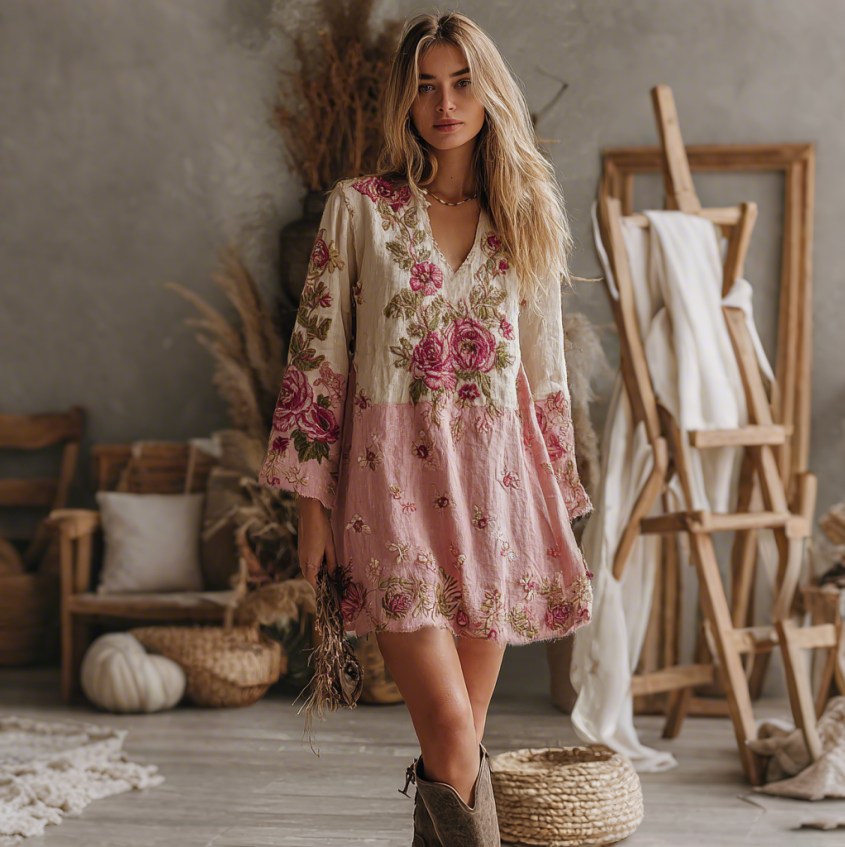 Cardydony Women's V Neck Boho Classy Gradient Pink Roses Embroidered Art Casual Dress