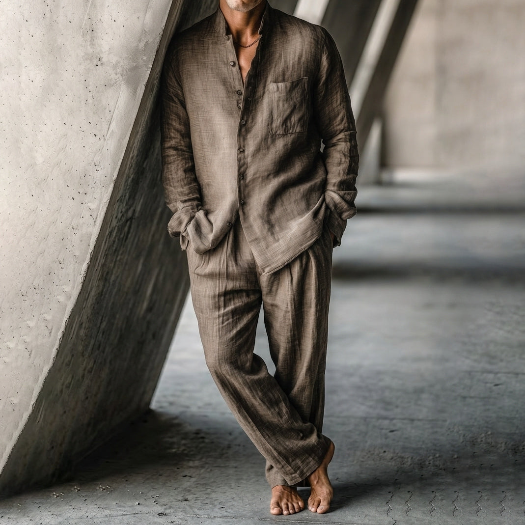 Cardydony Linen Simple Stand Collar Shirt And Trousers Casual Set
