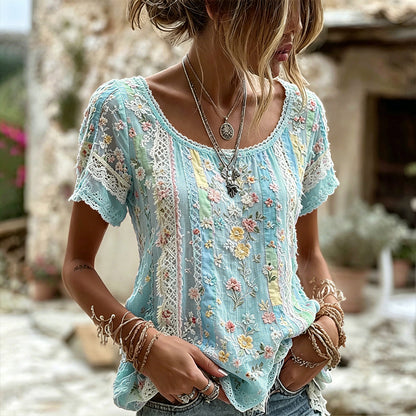 Cardydony Women's Handmade Floral Embroidery And Lace Art Splicing Lightweight Cotton Linen Round Neck Short Sleeve Top