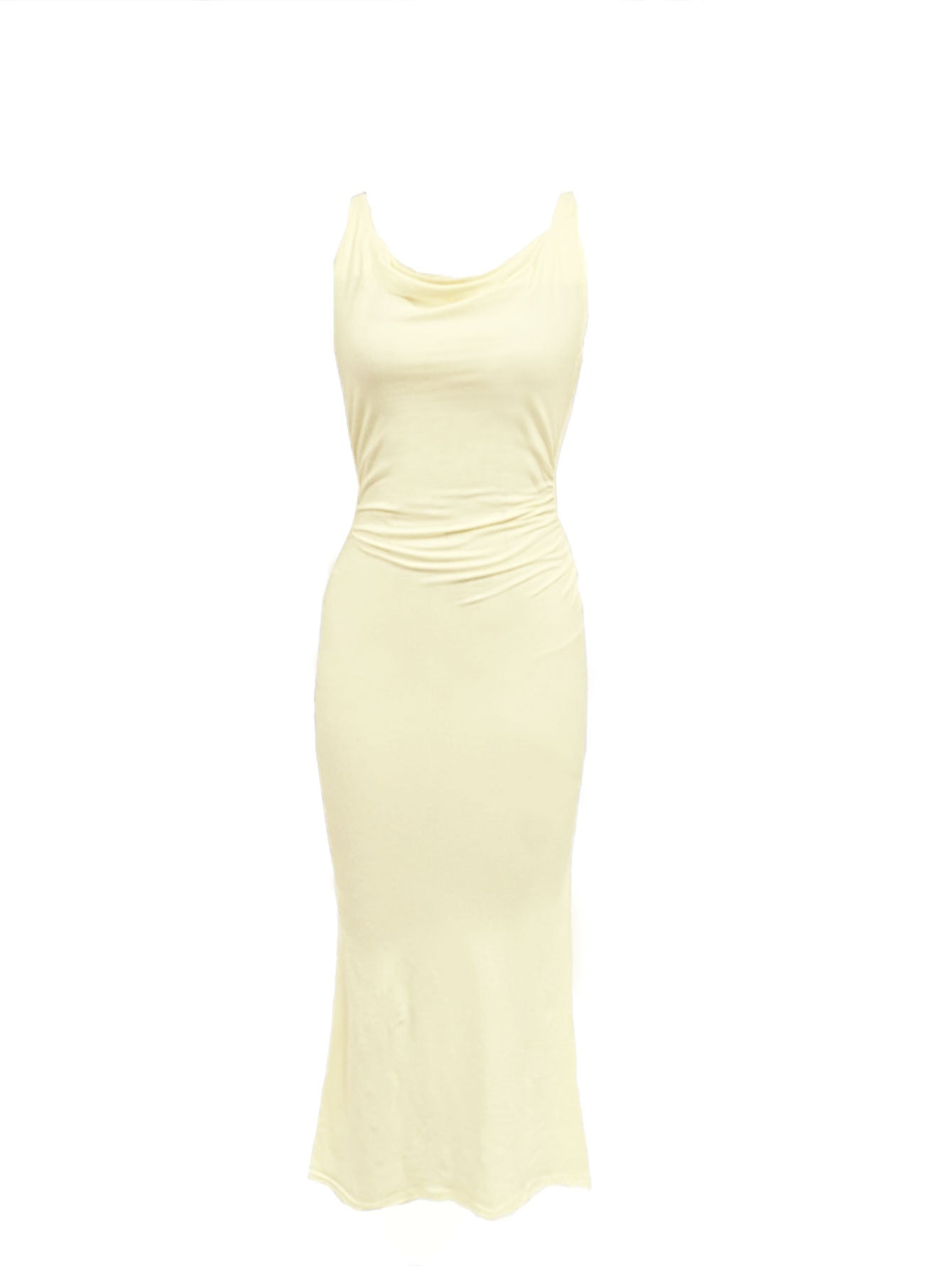 Cardydony Women's Beige Cowl Neck Sleeveless Midi Dress – Elegant Slim Fit Wedding Guest Dress