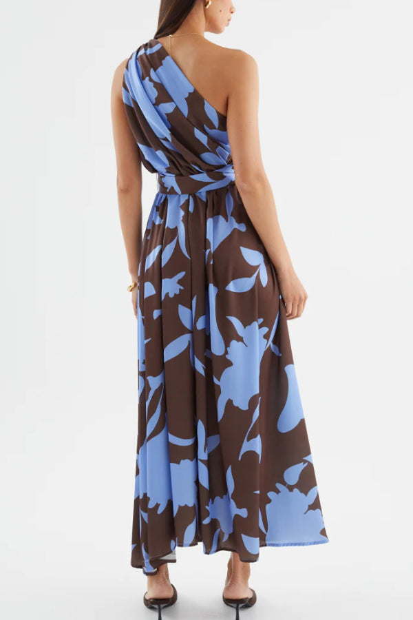 Cardydony Women's Unique Printed One-Shoulder Belt Casual Holiday Maxi Dress