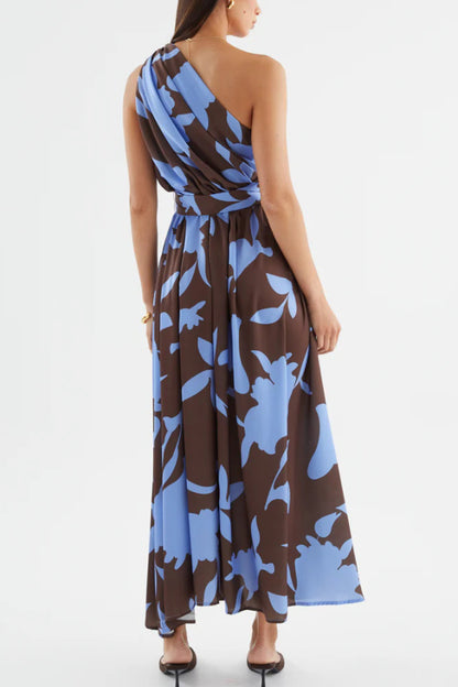 Cardydony Women's Unique Printed One-Shoulder Belt Casual Holiday Maxi Dress