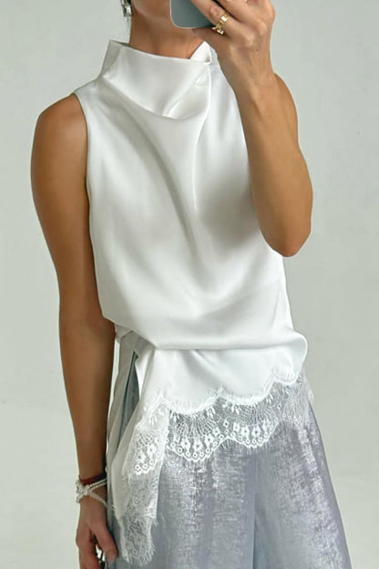 Cardydony Women's Solid Color Satin Spliced lace Sleeveless Irregular Casual Top