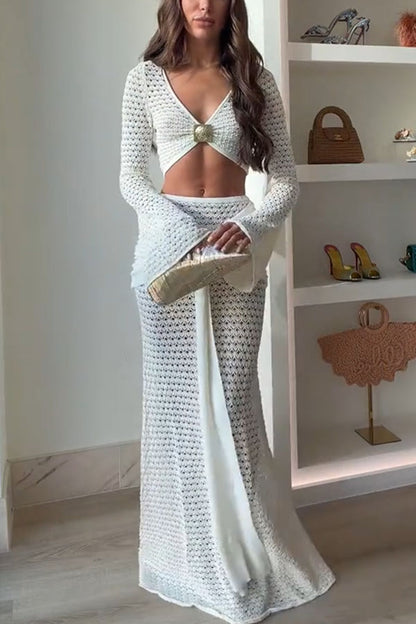 Cardydony Women's Mania Knit Hardware Detail Bell Sleeve Crop Top and Gathered Overlay Sash Stretch Maxi Skirt Set