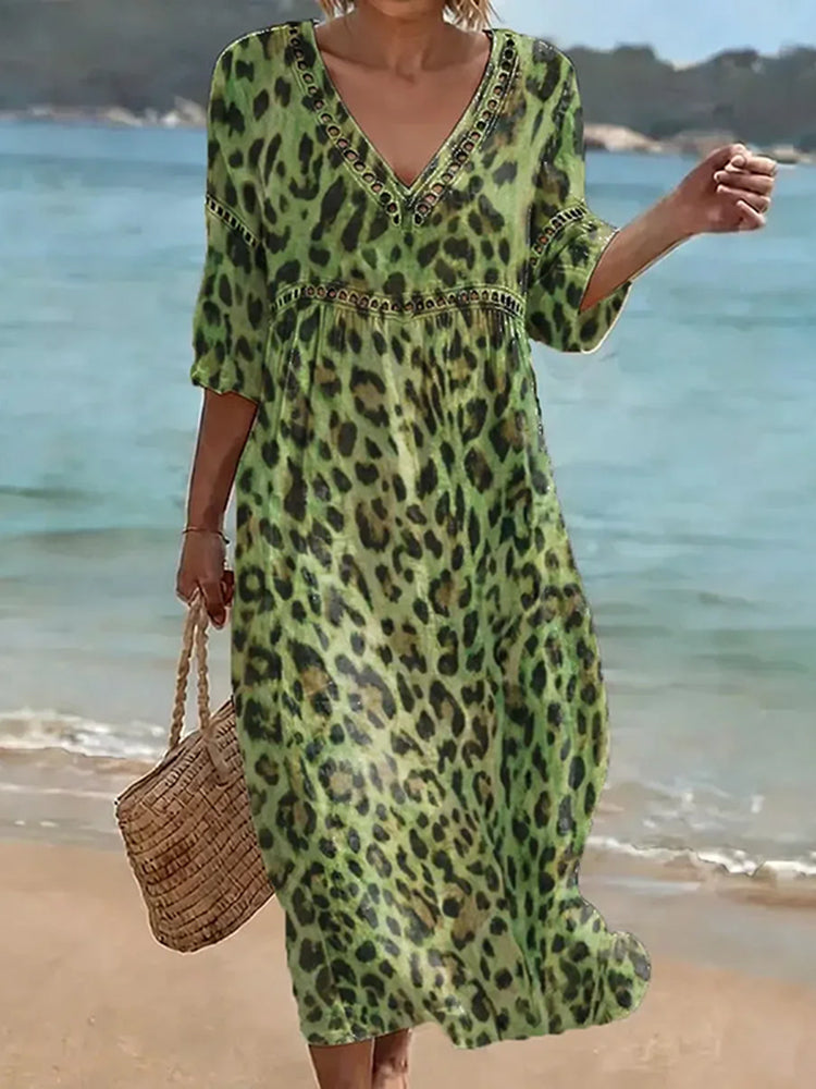 Cardydony Women's Leopard Art Pattern Linen Blend Loose Three-quarter Sleeve V Neck Dress