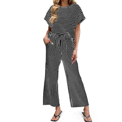 Cardydony Striped Short Sleeve T-shirts Wide Leg Pants Two Piece Set