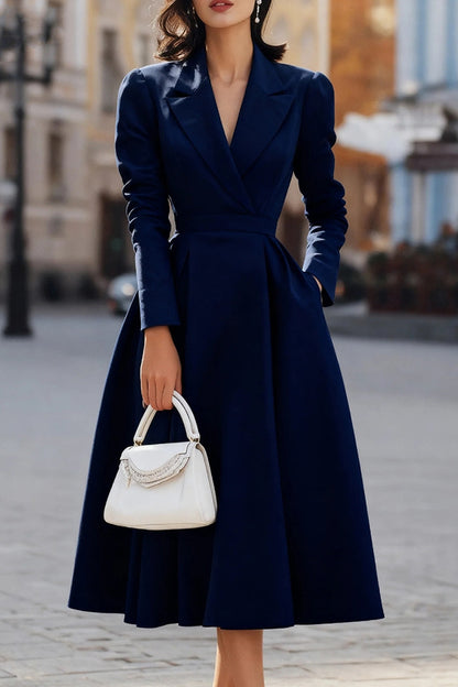 Cardydony Women's Solid Color Lapel Long Sleeve Waist Pocket Midi Dress