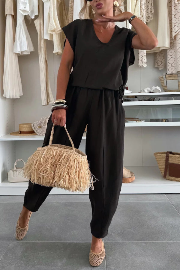 Cardydony Women's  Linen Blend Solid Color V-neck Short-sleeved Top and Elastic Waist Pocket Bloomers Pants Set