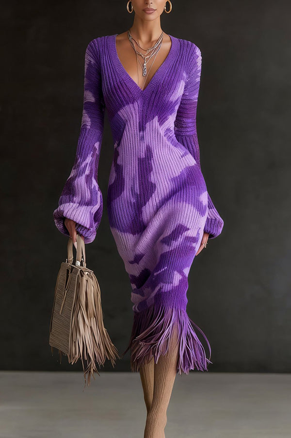 Cardydony Women's Unique Printed V-neck Long-sleeved Elegant Tassel Hem Midi Dress