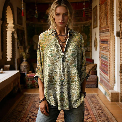 Cardydony Women's Retro Ethnic Floral Pattern Art Print Casual Long-sleeved Shirt