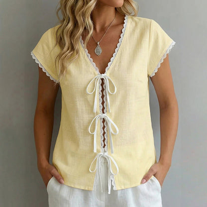 Cardydony Solid Color Lace Contrast Short Sleeved Shirt
