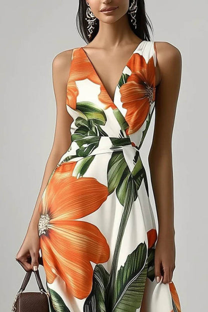 Cardydony Women's Floral Print V-neck Sleeveless Fitted Waist Vacation Maxi Dress