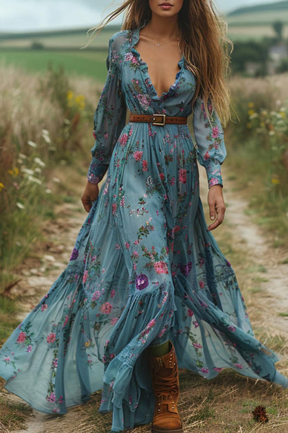 Cardydony Women's Floral Print V-neck Long-sleeved Bohemian Vacation Style Maxi Dress
