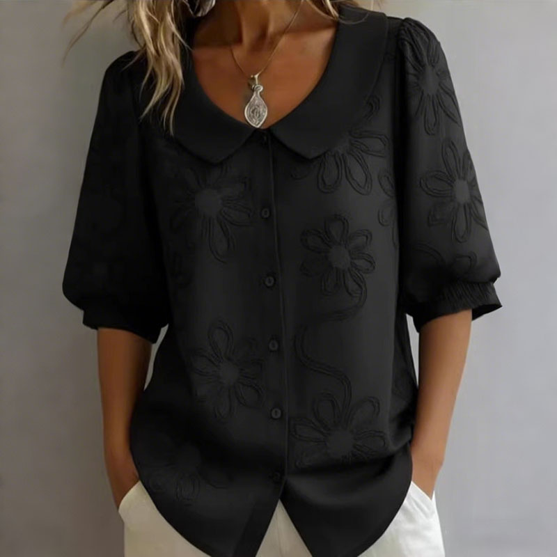 Cardydony Loose Vintage Button Embroidered Floral Mid-sleeve Shirt