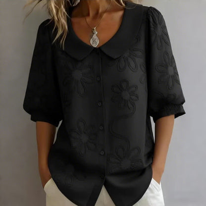 Cardydony Loose Vintage Button Embroidered Floral Mid-sleeve Shirt