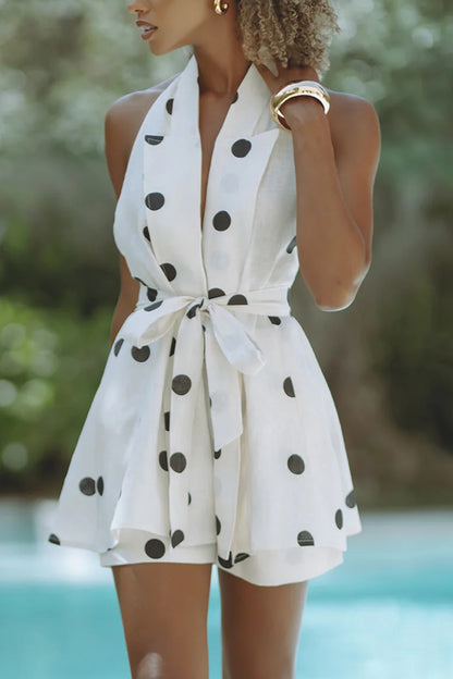 Cardydony Women's Gabby Linen Blend Polka Dot Tie-up Lapel Halter Vest and Metal Ring Belt Loose Shorts Set