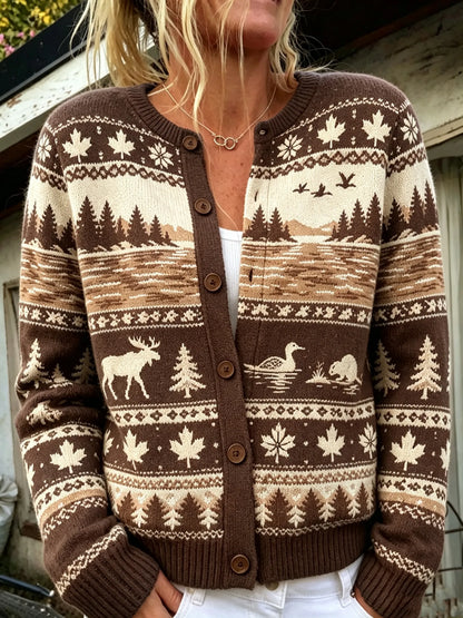 Cardydony Women's Vintage Moose And Maple Leaf Jacquard-knit Icelandic-style Cardigan