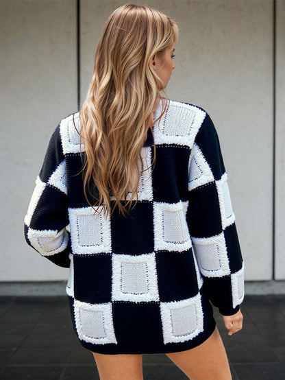 Cardydony Women's Geometric Checkered Mock Neck Knit – Oversized Pullover Sweater