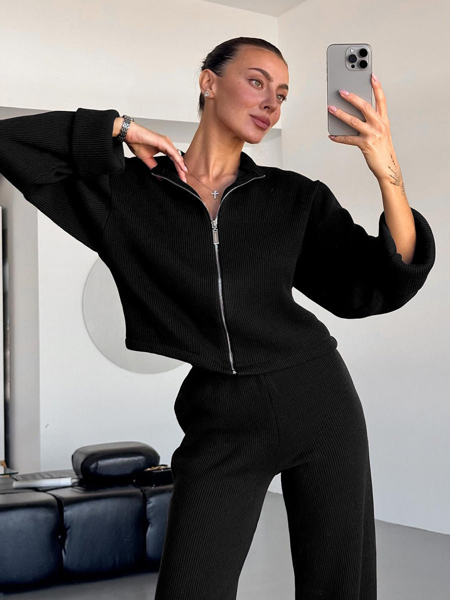 Cardydony Women's Women's Knit 2 Piece Set – Zip Jacket and Wide Leg Pants Outfit