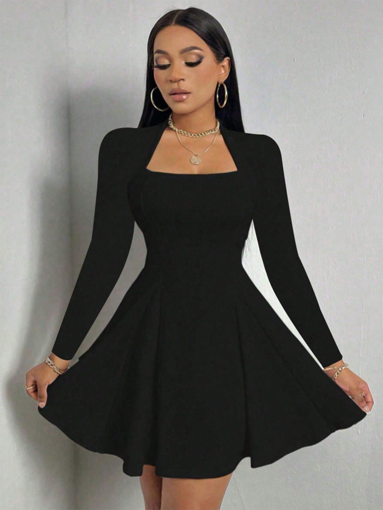Cardydony Women's Women's Black Long Sleeve Mini Dress – Square-Neck Fitted Top & Flared Hem