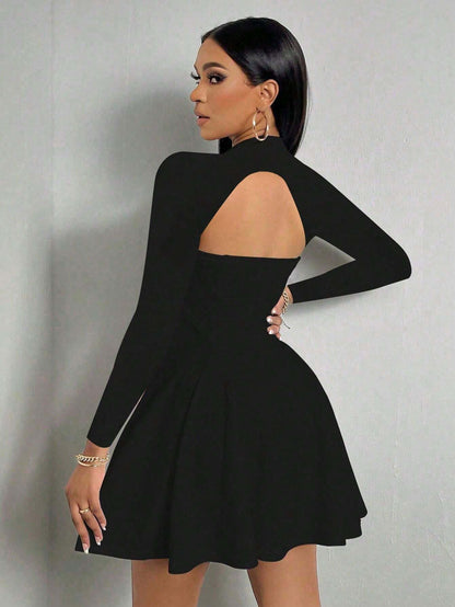 Cardydony Women's Women's Black Long Sleeve Mini Dress – Square-Neck Fitted Top & Flared Hem