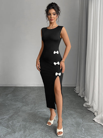 Cardydony Women's Black Sleeveless Midi Dress with Side Slit and Bows – Elegant Summer Look