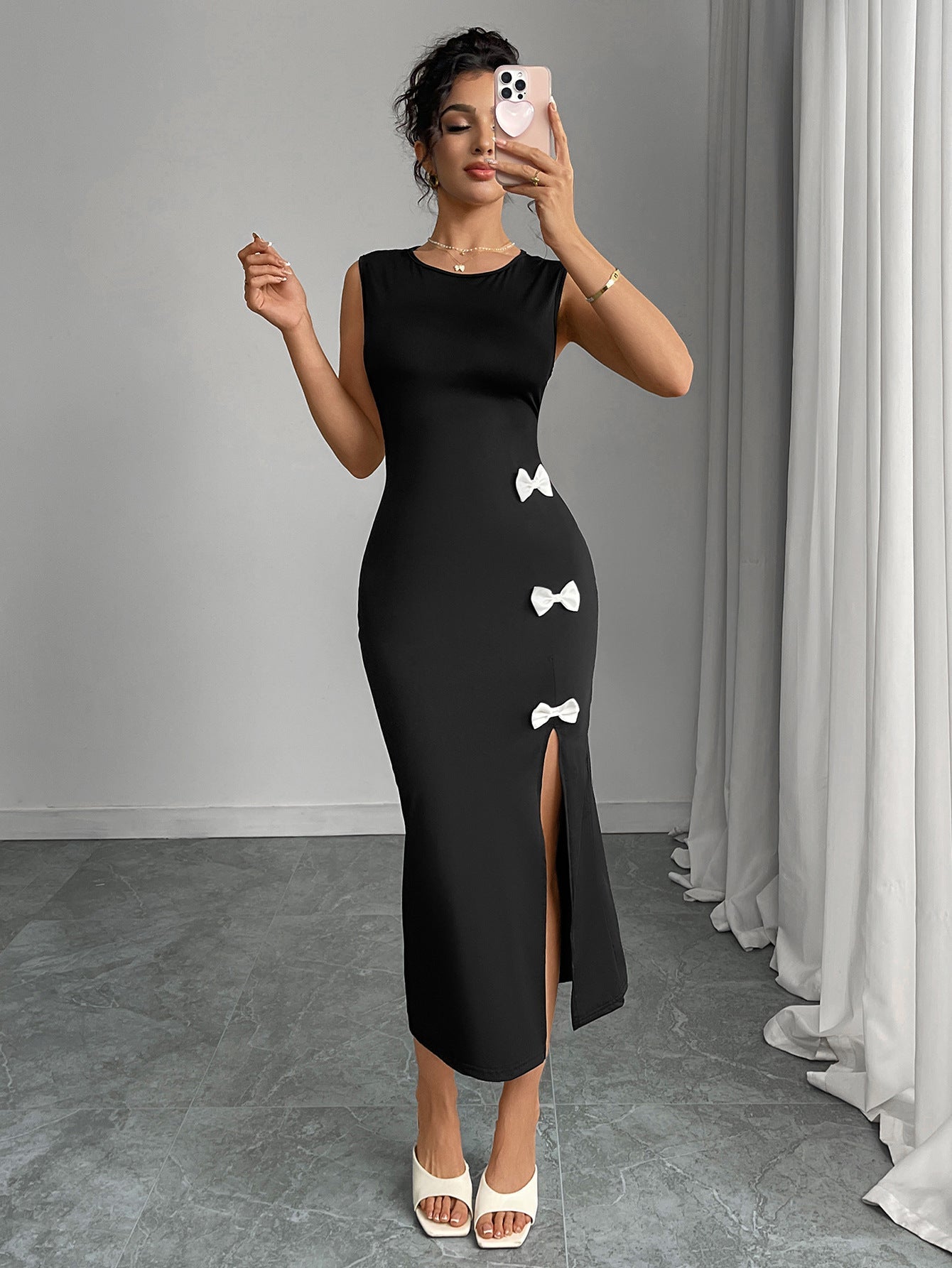 Cardydony Women's Black Sleeveless Midi Dress with Side Slit and Bows – Elegant Summer Look