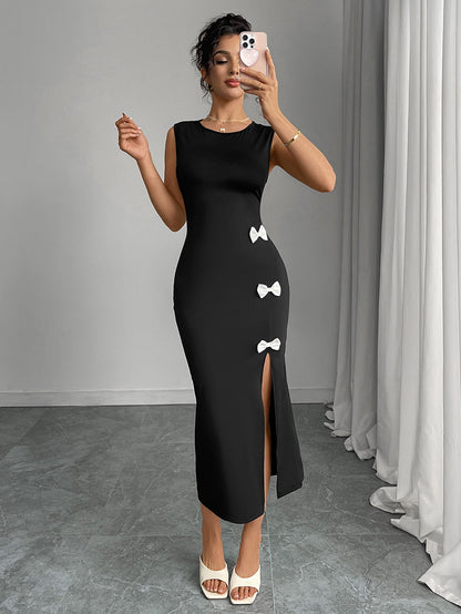 Cardydony Women's Black Sleeveless Midi Dress with Side Slit and Bows – Elegant Summer Look