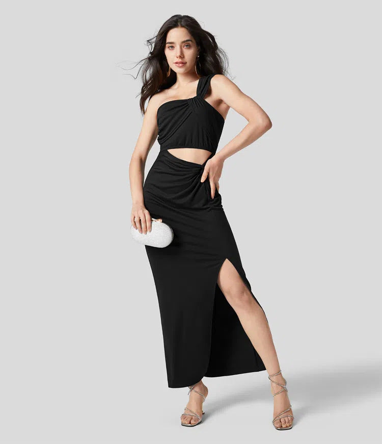 Cardydony Women's Women's Black One-Shoulder Maxi Dress - Draped Cut-Out Slit Dress