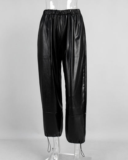 Cardydony Women's PU Leather Women's Pants – Wide Leg Streetwear Drawstring Trousers