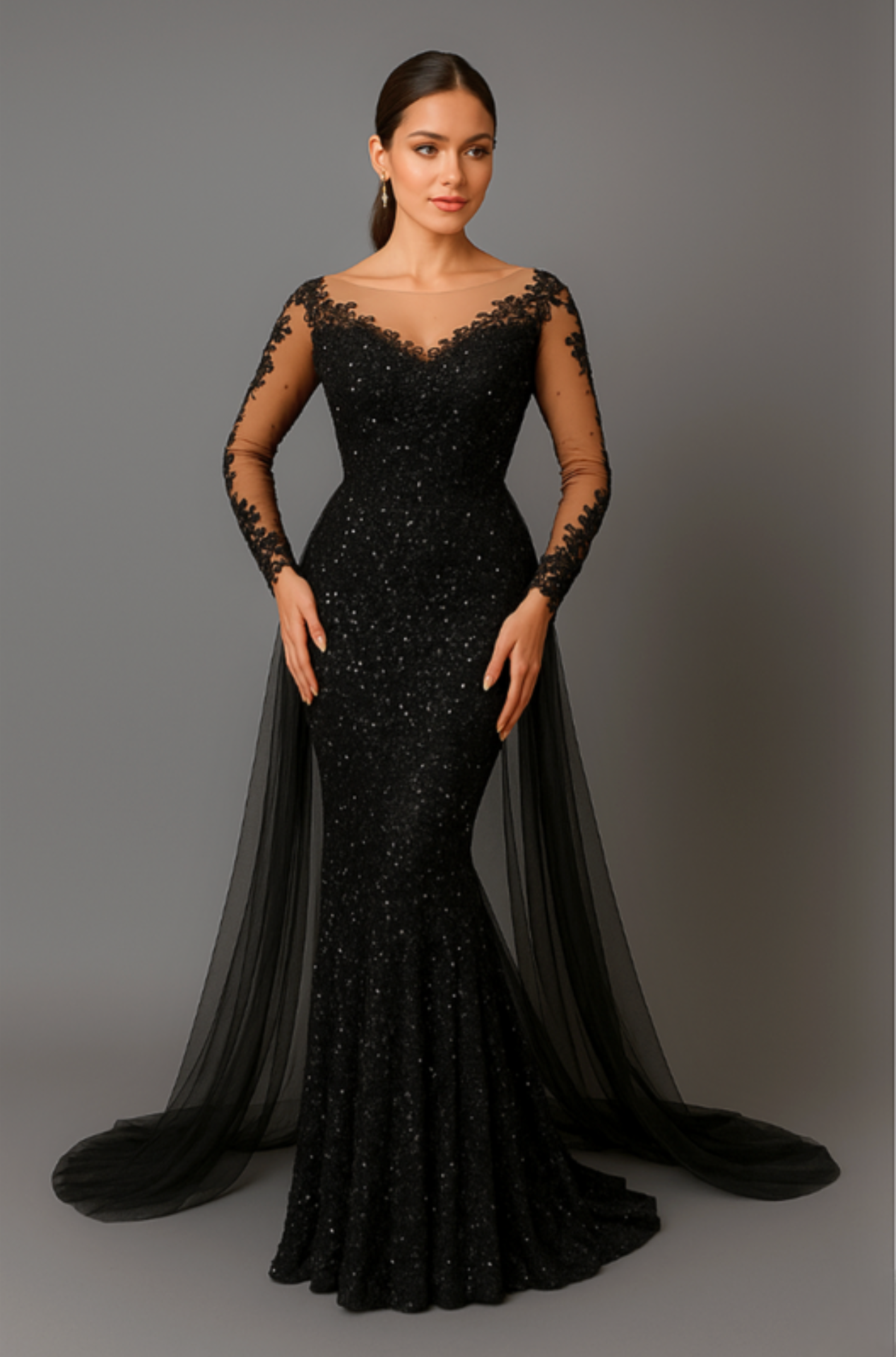 Cardydony Women's Sequin Long Sleeve Mermaid Dress with Sheer Overlay & V Back – Formal Gown