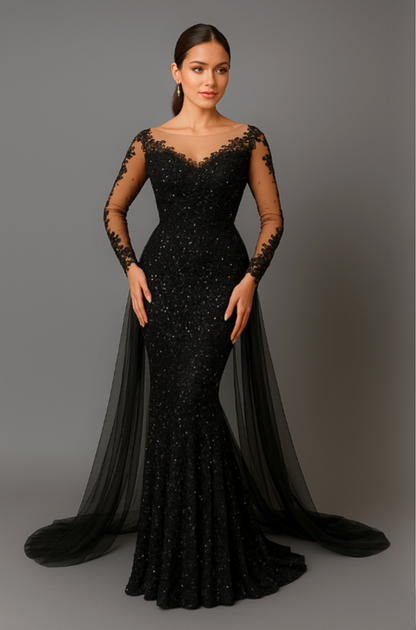 Cardydony Women's Sequin Long Sleeve Mermaid Dress with Sheer Overlay & V Back – Formal Gown
