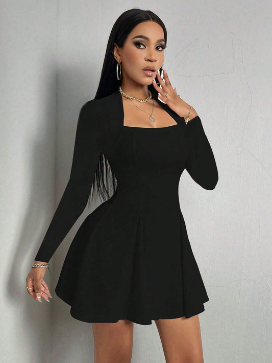 Cardydony Women's Women's Black Long Sleeve Mini Dress – Square-Neck Fitted Top & Flared Hem