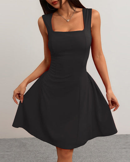 Cardydony Women's Square Neck Sleeveless Mini Dress – Flared Fit in Red & Black for Summer