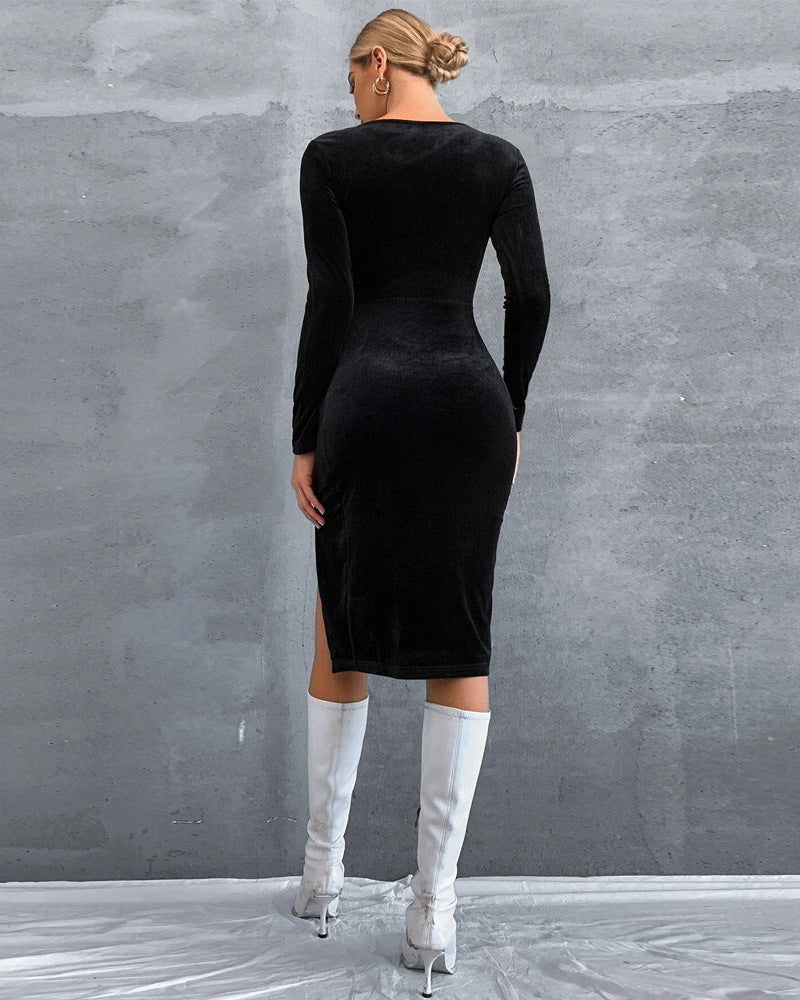 Cardydony Women's Women's Black Bodycon Mini Dress – Velvet Side-Slit Sleek Fit Dress