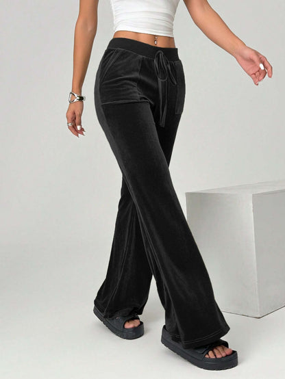 Cardydony Women's Velvet Black High Waist Yoga Flare Pants – Drawstring Lounge Trousers