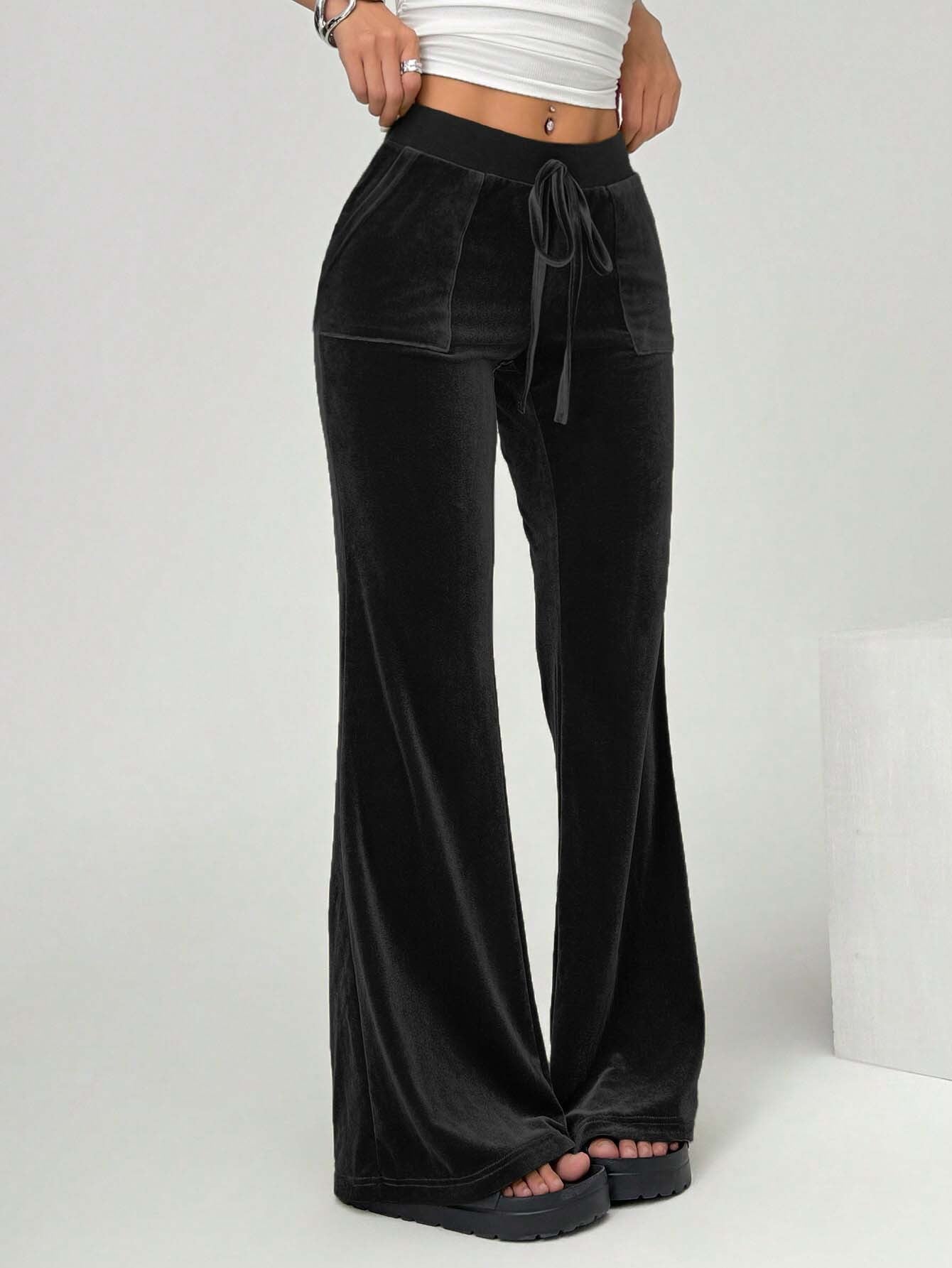 Cardydony Women's Velvet Black High Waist Yoga Flare Pants – Drawstring Lounge Trousers