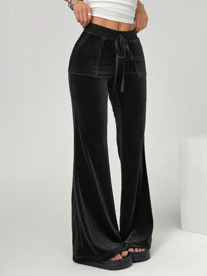 Cardydony Women's Velvet Black High Waist Yoga Flare Pants – Drawstring Lounge Trousers