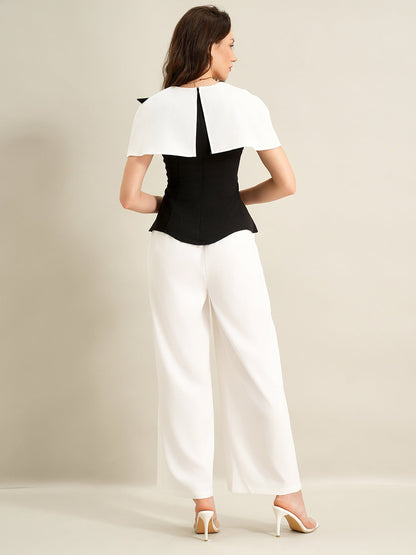 Cardydony Women's Elegant Black & White Co Ord Set – Cape Top & Wide Leg Trousers