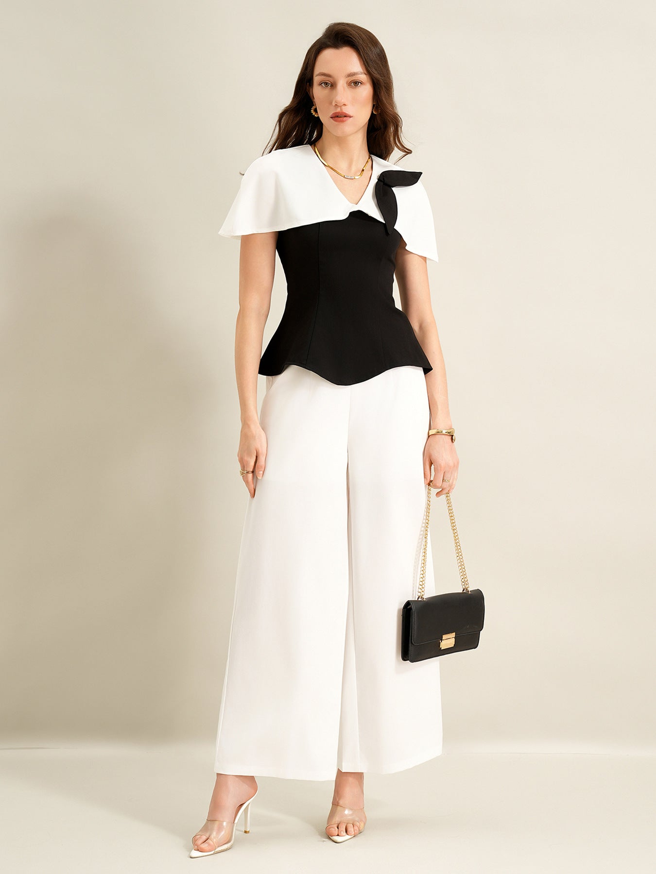 Cardydony Women's Elegant Black & White Co Ord Set – Cape Top & Wide Leg Trousers