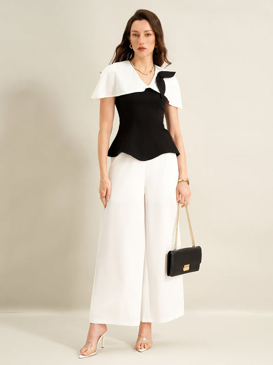 Cardydony Women's Elegant Black & White Co Ord Set – Cape Top & Wide Leg Trousers