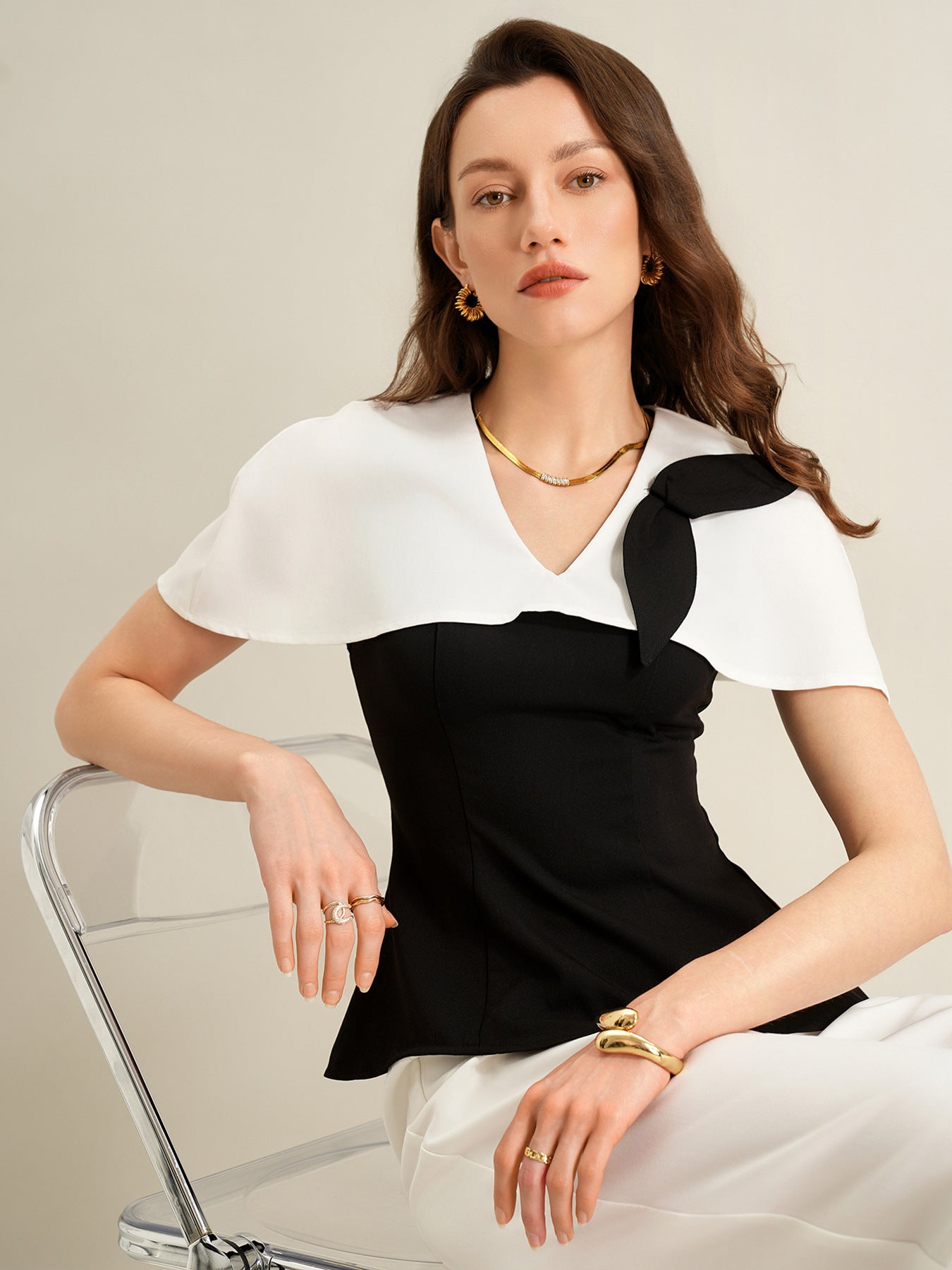 Cardydony Women's Elegant Black & White Co Ord Set – Cape Top & Wide Leg Trousers