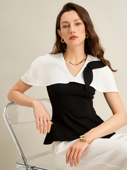 Cardydony Women's Elegant Black & White Co Ord Set – Cape Top & Wide Leg Trousers