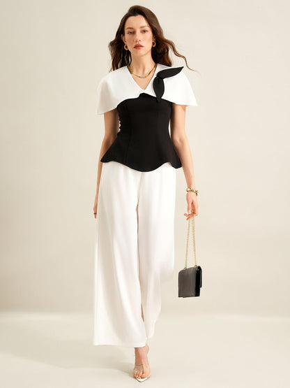 Cardydony Women's Elegant Black & White Co Ord Set – Cape Top & Wide Leg Trousers