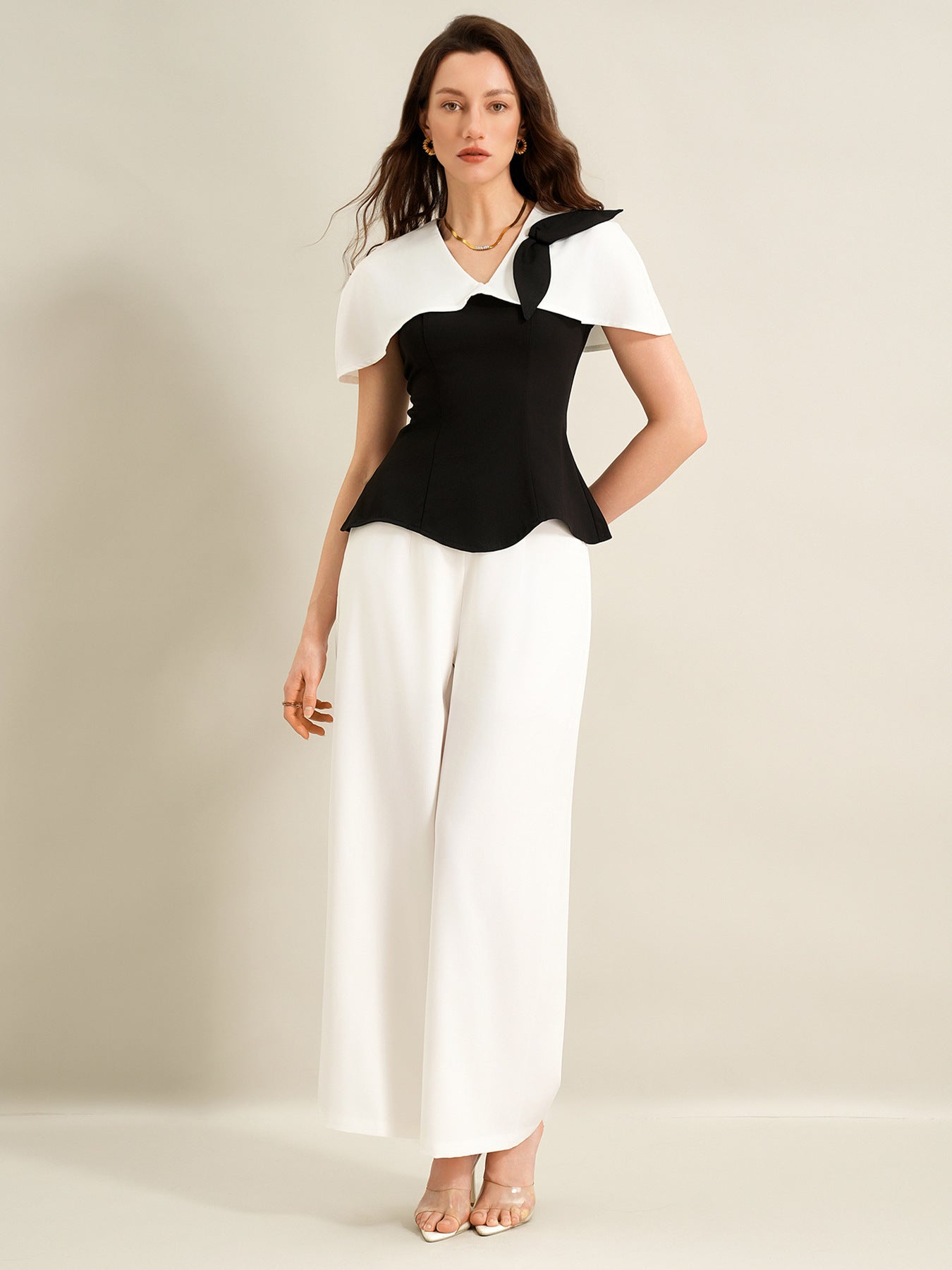 Cardydony Women's Elegant Black & White Co Ord Set – Cape Top & Wide Leg Trousers