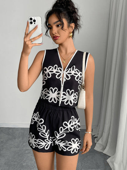 Cardydony Women's Black and White Floral Matching Set – Summer Two Piece Short Outfit