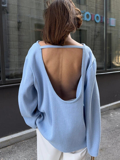 Cardydony Women's Women's Knit Sweater -  Backless Open Back Long Sleeve Top