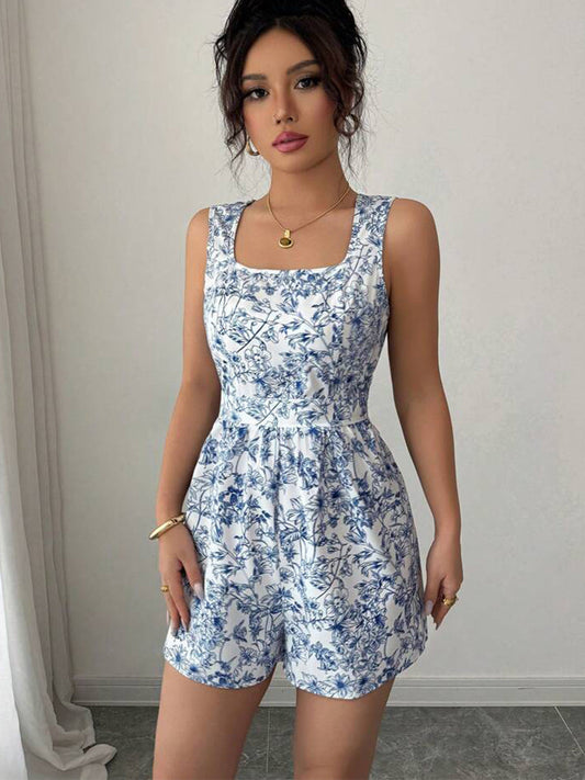 Cardydony Women's Blue Floral Romper with Belt | Sleeveless Summer Romper for Women
