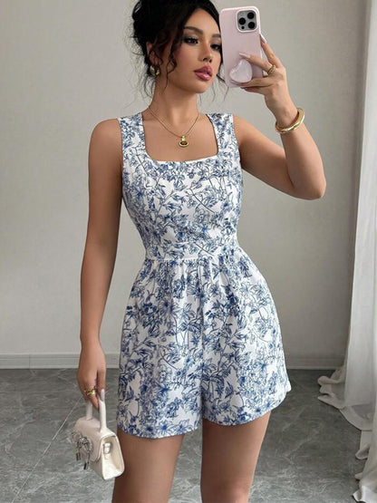 Cardydony Women's Blue Floral Romper with Belt | Sleeveless Summer Romper for Women