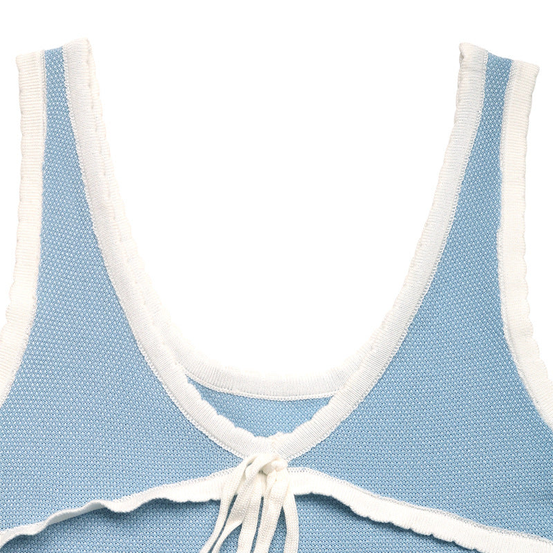 Cardydony Women's Blue Knit Cami Tank – Slim Fit with Lace Trim and Bow Detail